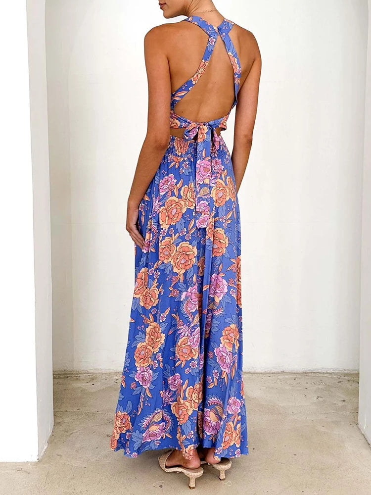 Blue floral maxi dress, open-back with crisscross straps and smocked waist