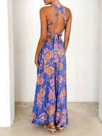 Blue floral maxi dress, open-back with crisscross straps and smocked waist