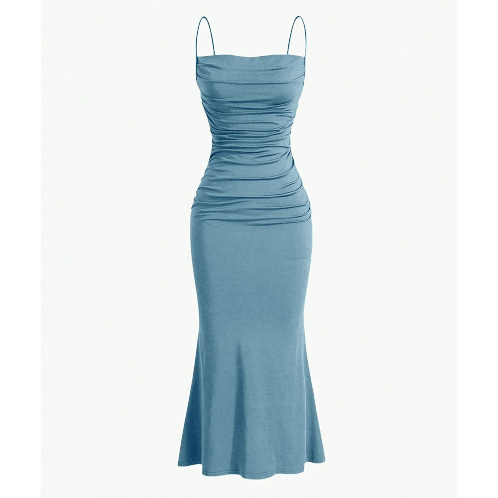 Light blue spaghetti strap maxi dress with ruched bodice and fitted skirt.