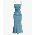 Light blue spaghetti strap maxi dress with ruched bodice and fitted skirt.
