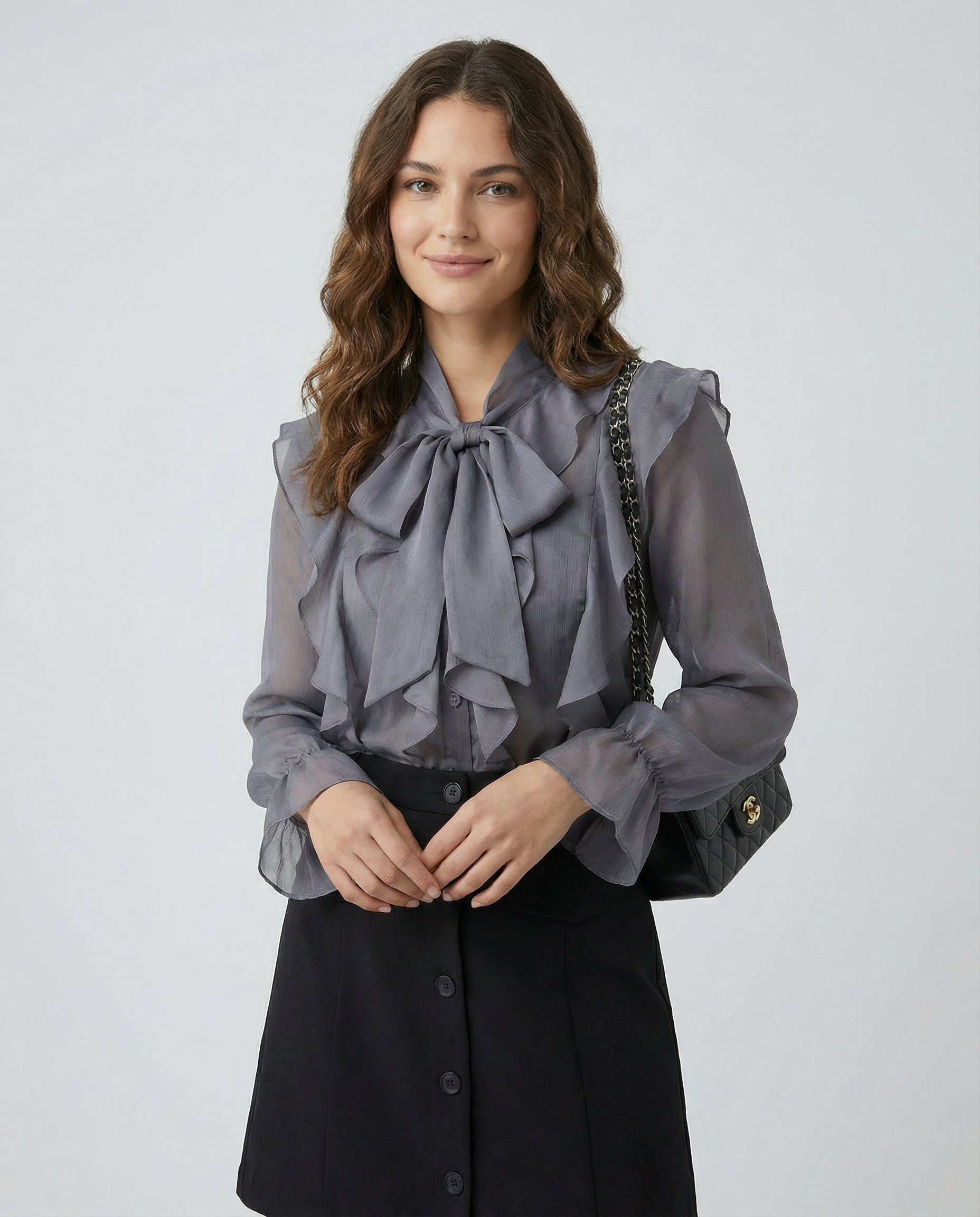 Gray chiffon ruffle blouse with gathered bow neck and long sheer sleeves