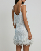 Silver mini dress with spaghetti straps and feather fringe hem, open V-back