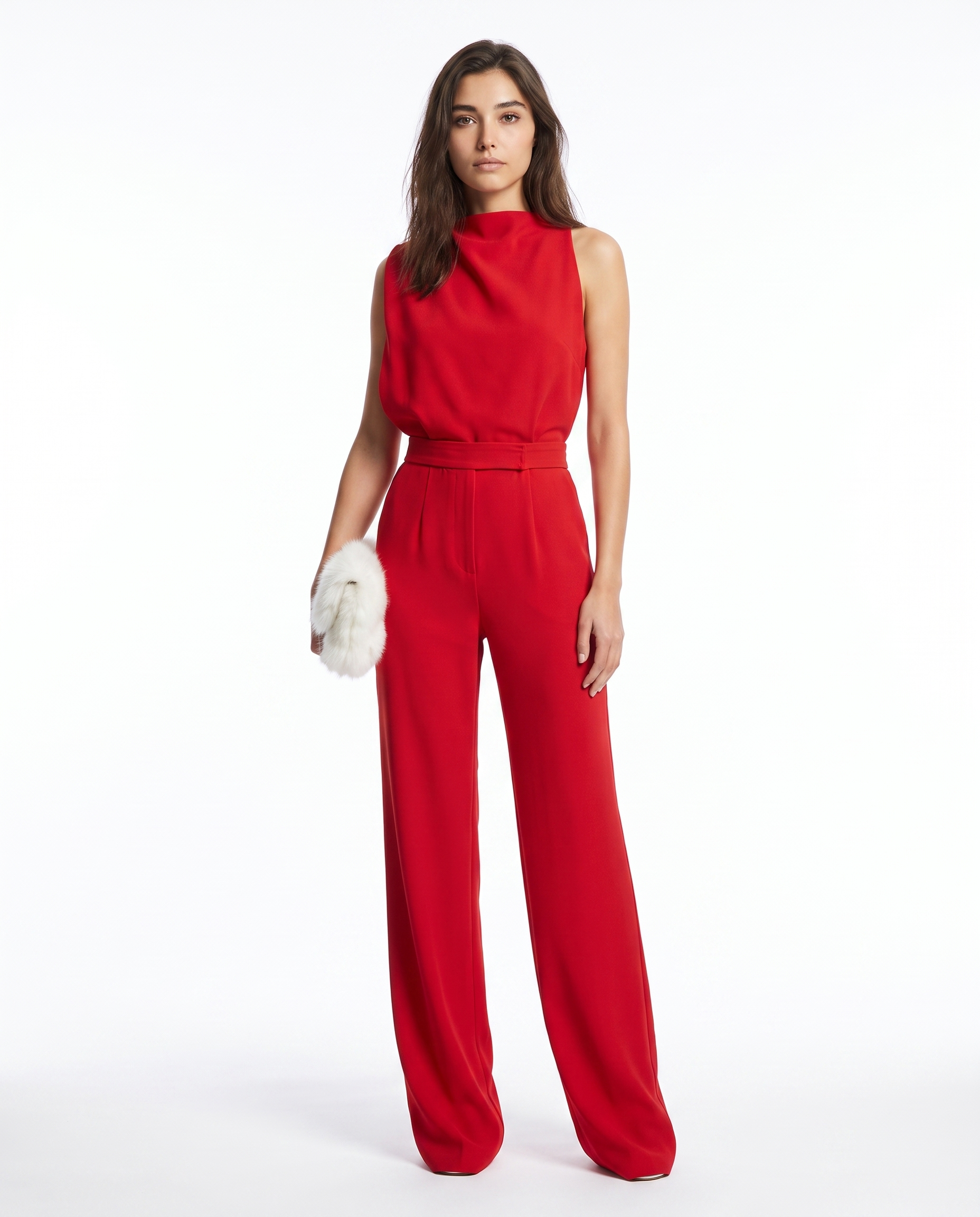 Rød ærmeløs jumpsuit med asymmetrisk hals og vide ben, bælte i taljen