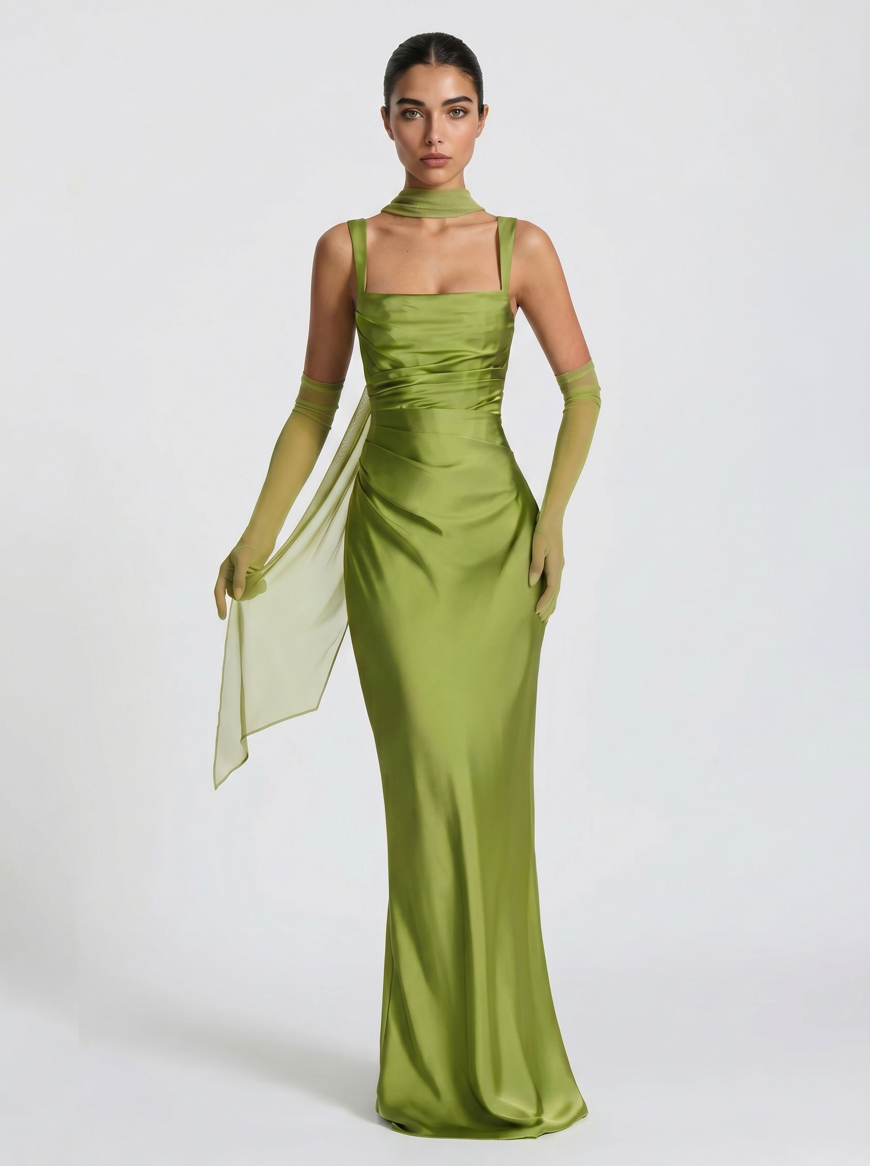 Satin green backless maxi dress with square halter neckline and draped shoulder back detail