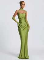 Satin green backless maxi dress with square halter straps, fitted skirt and back drape