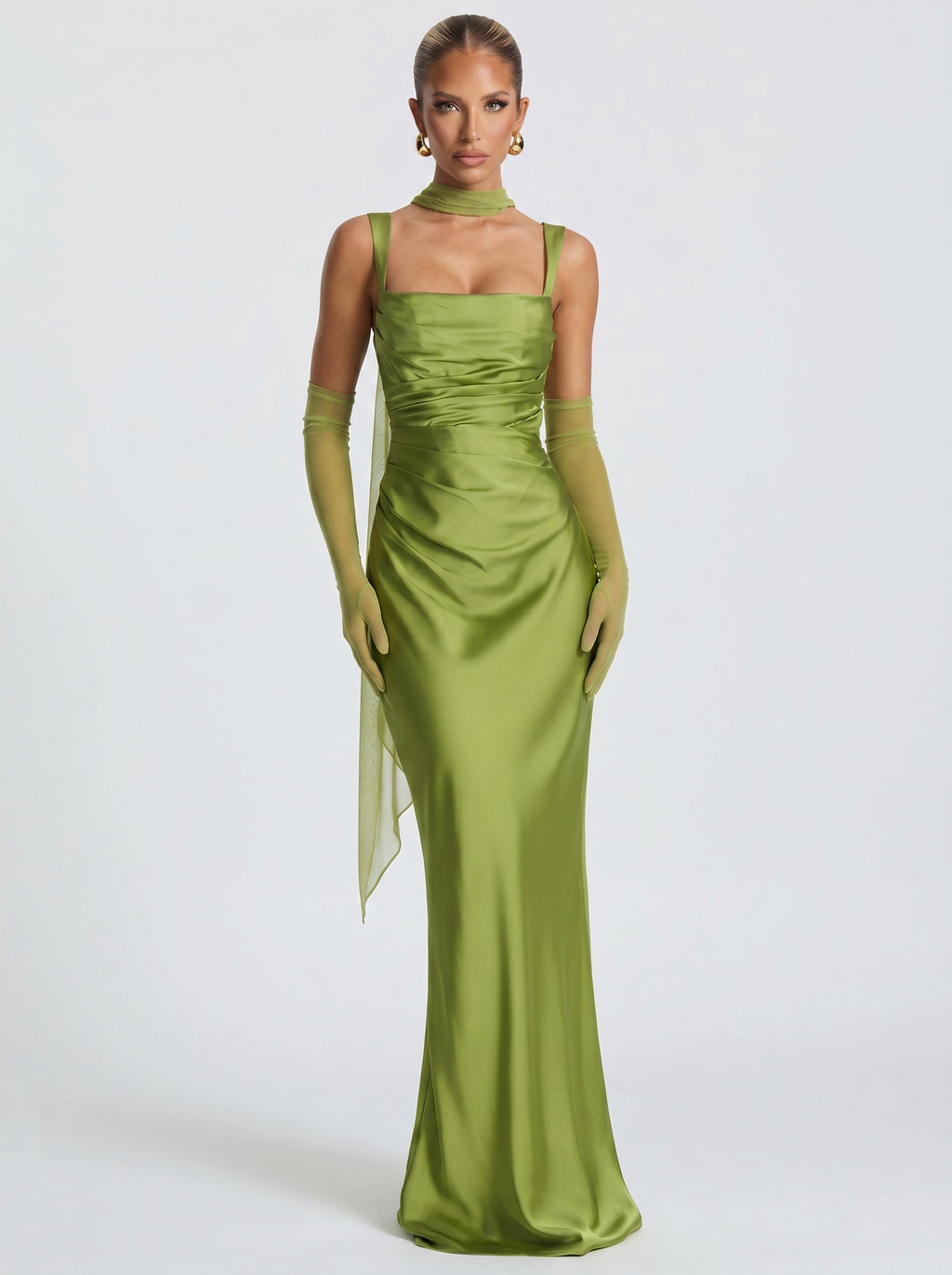 Satin green backless maxi dress with square halter neckline, gathered back and long skirt
