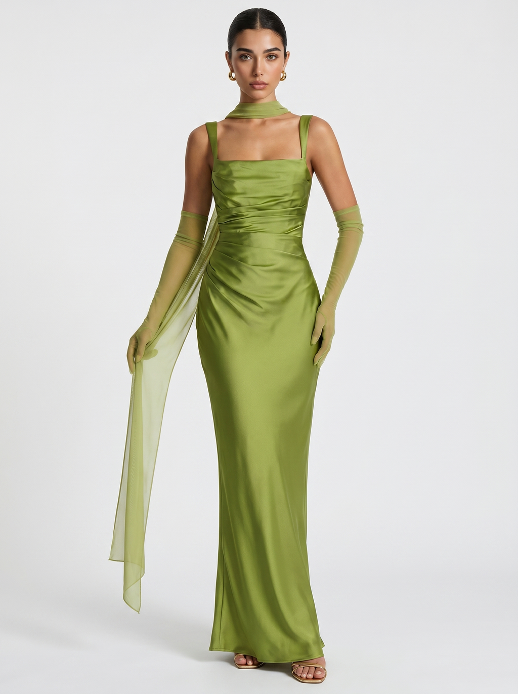 Satin green backless maxi dress with square halter neckline, fitted waist, flowing back panel