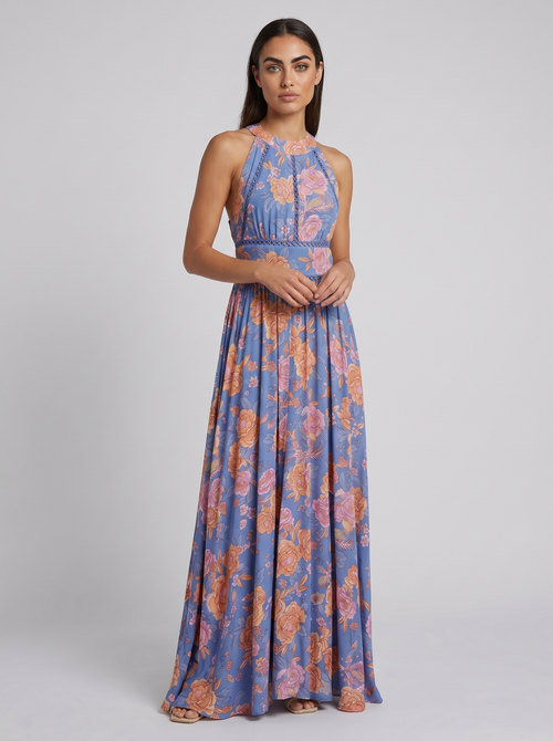 Blue floral sleeveless maxi dress with high neckline and gathered smocked waist