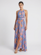 Blue floral sleeveless maxi dress with high neckline and front leg-slit detail