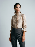 Women’s checked blouse with high neck, ruffled front, and button placket