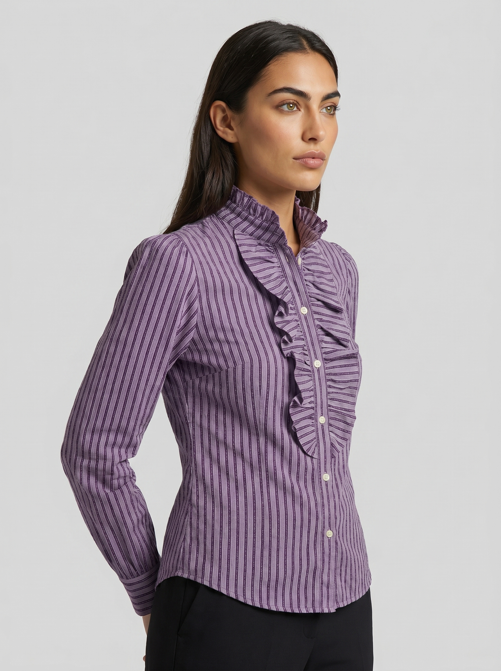 Women’s striped blouse with ruffle front, high neck, and button placket