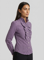 Women’s striped blouse with ruffle front, high neck, and button placket