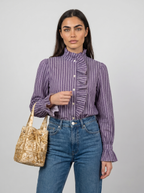 Women’s striped blouse with high neck ruffle detail and long cuffed sleeves