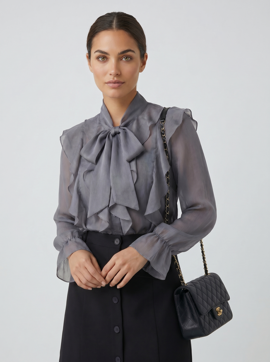 Gray chiffon blouse with voluminous ruffled front, tie-neck, and long sleeves