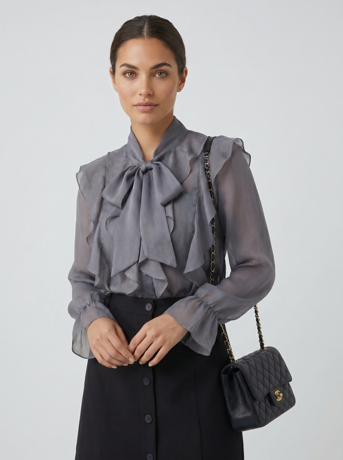 Gray chiffon blouse with voluminous ruffled front, tie-neck, and long sleeves