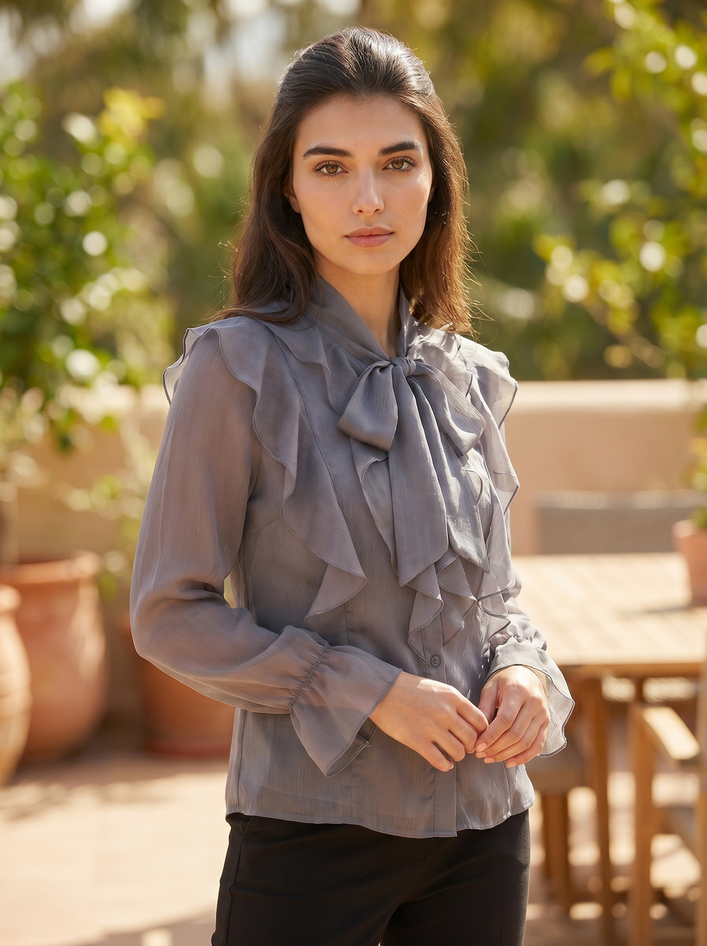 Gray chiffon ruffle blouse with bow tie neck and long puffed sleeves