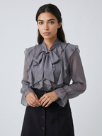 Gray chiffon blouse with layered ruffle front and gathered bow at neckline