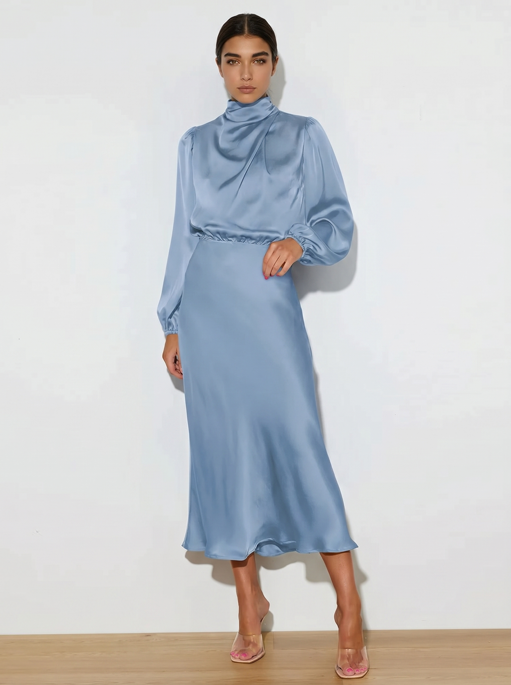 Light blue satin evening dress with long sleeves, high neck, midi length