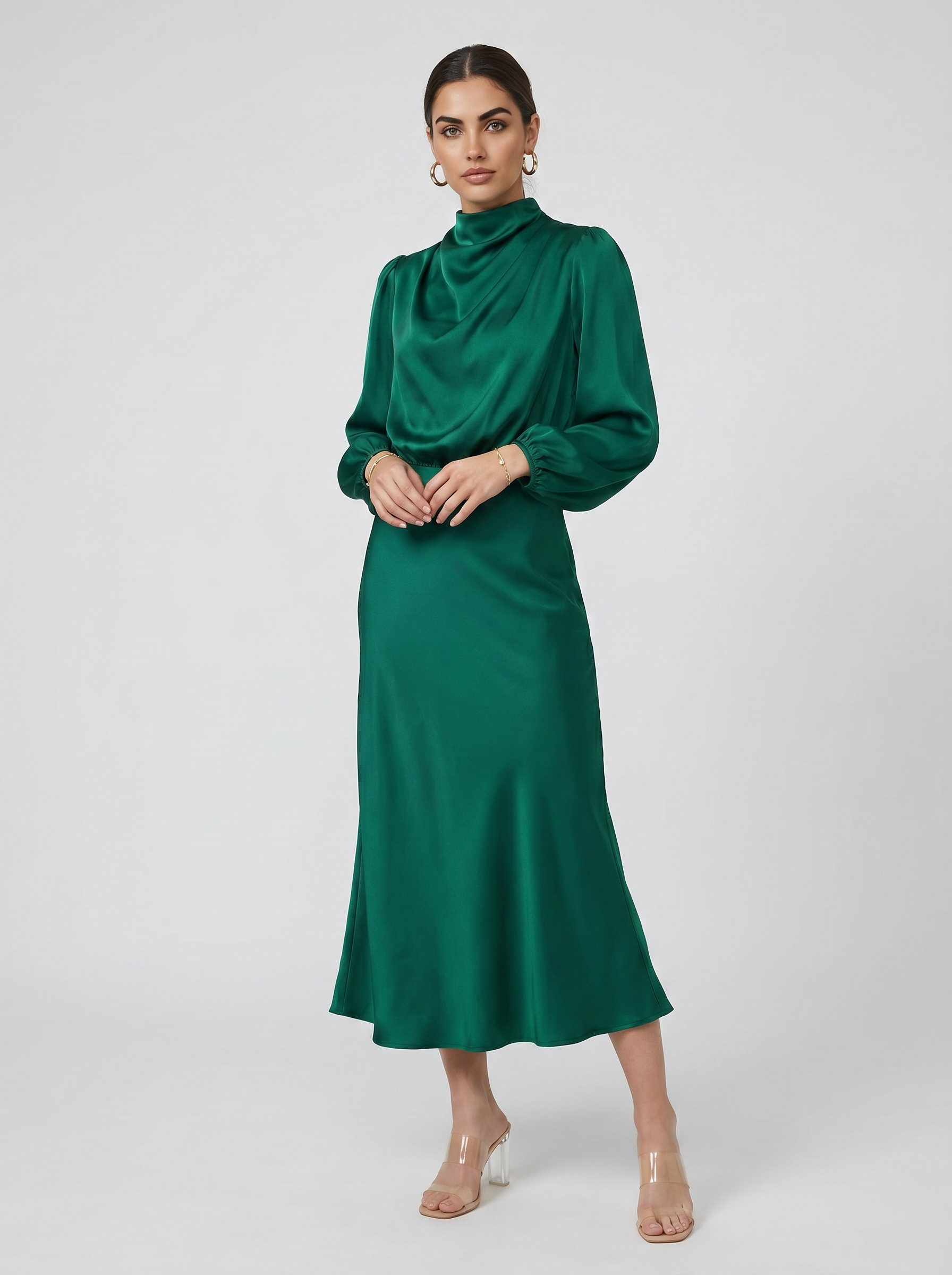 Green satin evening dress with long sleeves, high neck, midi length