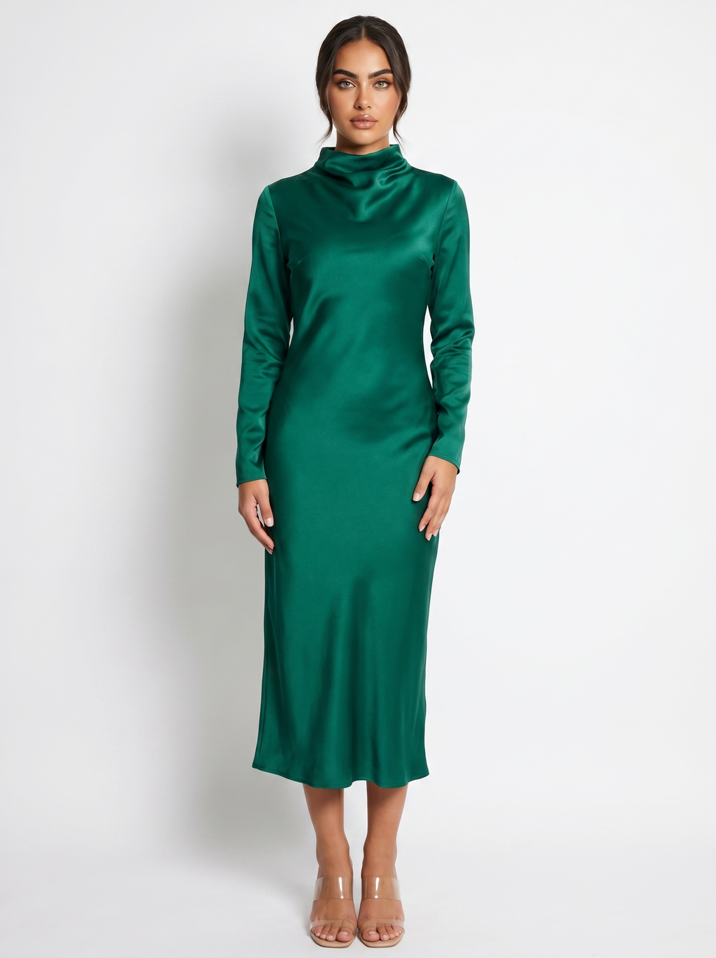 Dark green satin evening dress with long sleeves, high neck, midi length