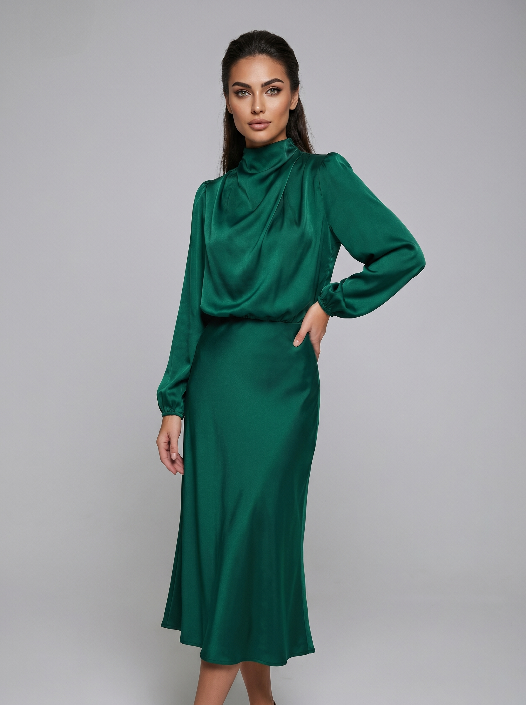 Green satin evening dress with long sleeves, high neck, fitted midi length