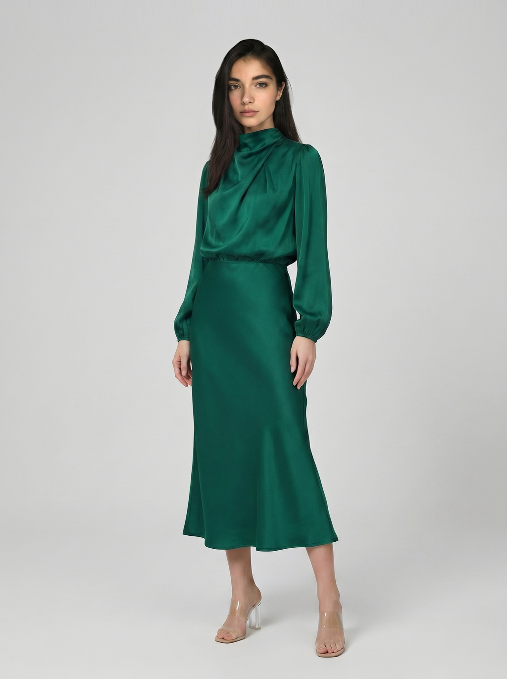 Deep green satin evening dress with long sleeves, high neck, midi length