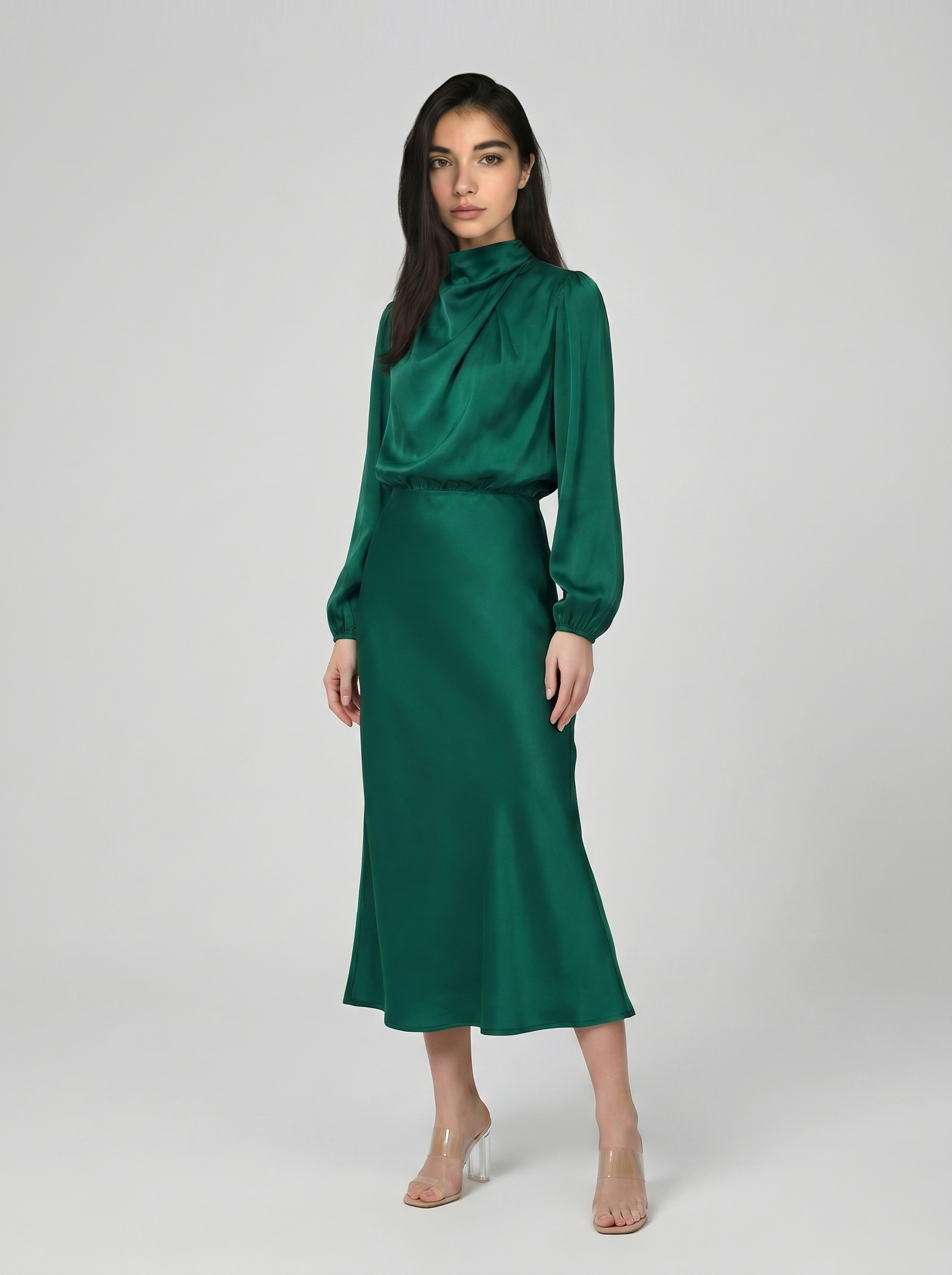 Deep green satin evening dress with long sleeves, high neck, midi length