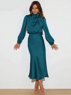 Teal satin evening dress with long sleeves, high neck, midi length