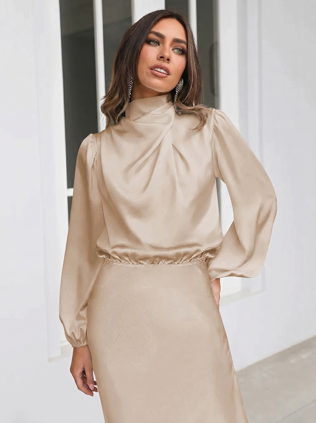Beige satin evening dress with long sleeves, high neck, midi length