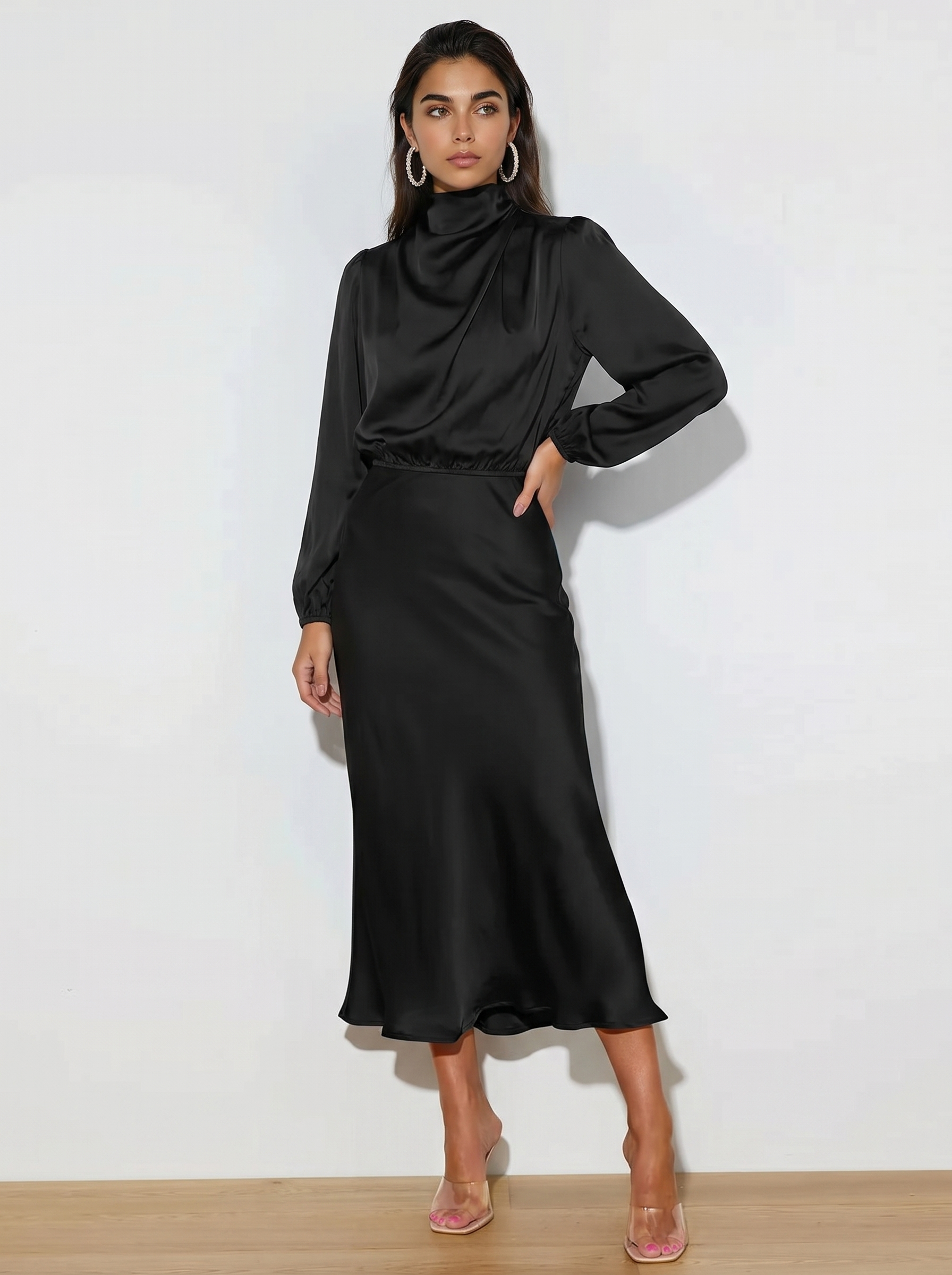 Black satin evening dress with long sleeves, high neck, midi length