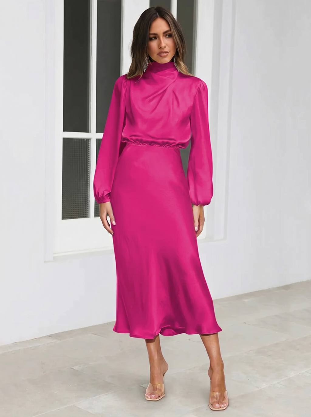 Pink satin evening dress with long sleeves, high neck, midi length