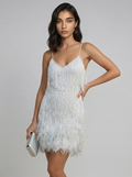 Silver mini dress with spaghetti straps and feather fringe hem, V-neck front
