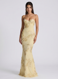 Lemon yellow floral evening dress with spaghetti straps and fitted mermaid silhouette