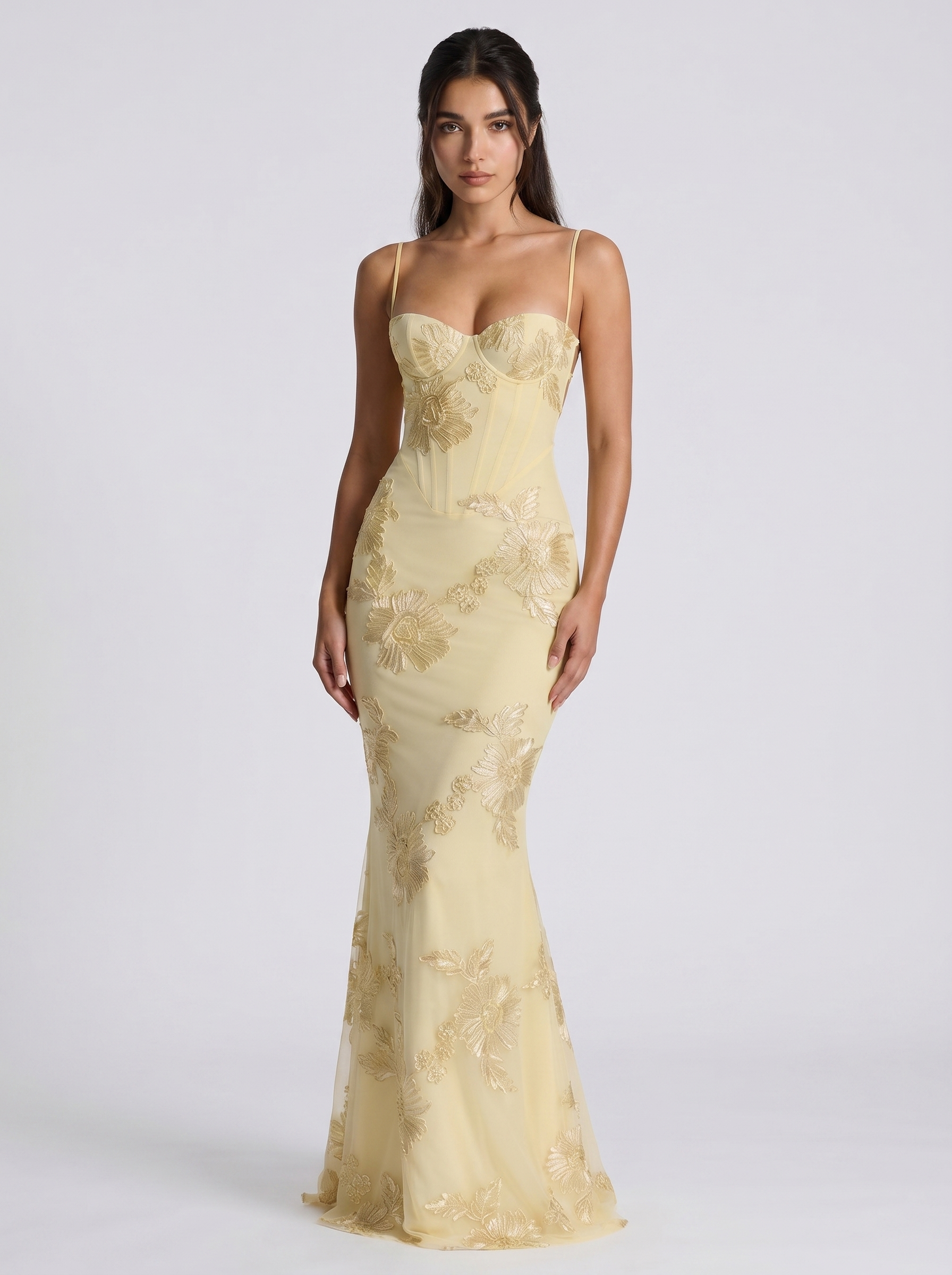 Lemon yellow floral evening dress with spaghetti straps and fitted mermaid silhouette