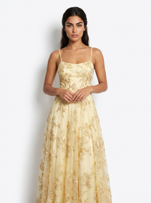 Lemon yellow floral evening dress with spaghetti straps and gold embroidery detail