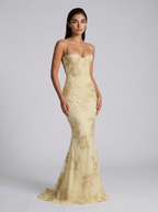 Lemon yellow floral evening dress with spaghetti straps and mermaid hemline