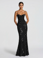 Black floral evening dress with spaghetti straps and fitted mermaid skirt