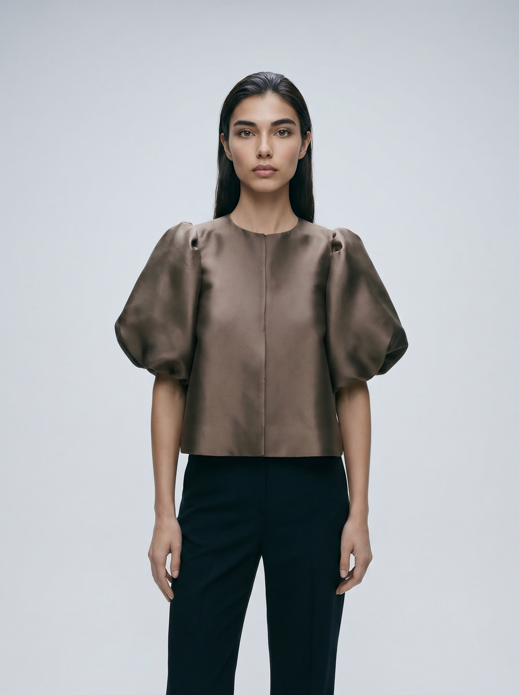 Brown puff sleeve blouse with center front button placket