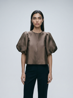 Brown puff sleeve blouse with center front button placket