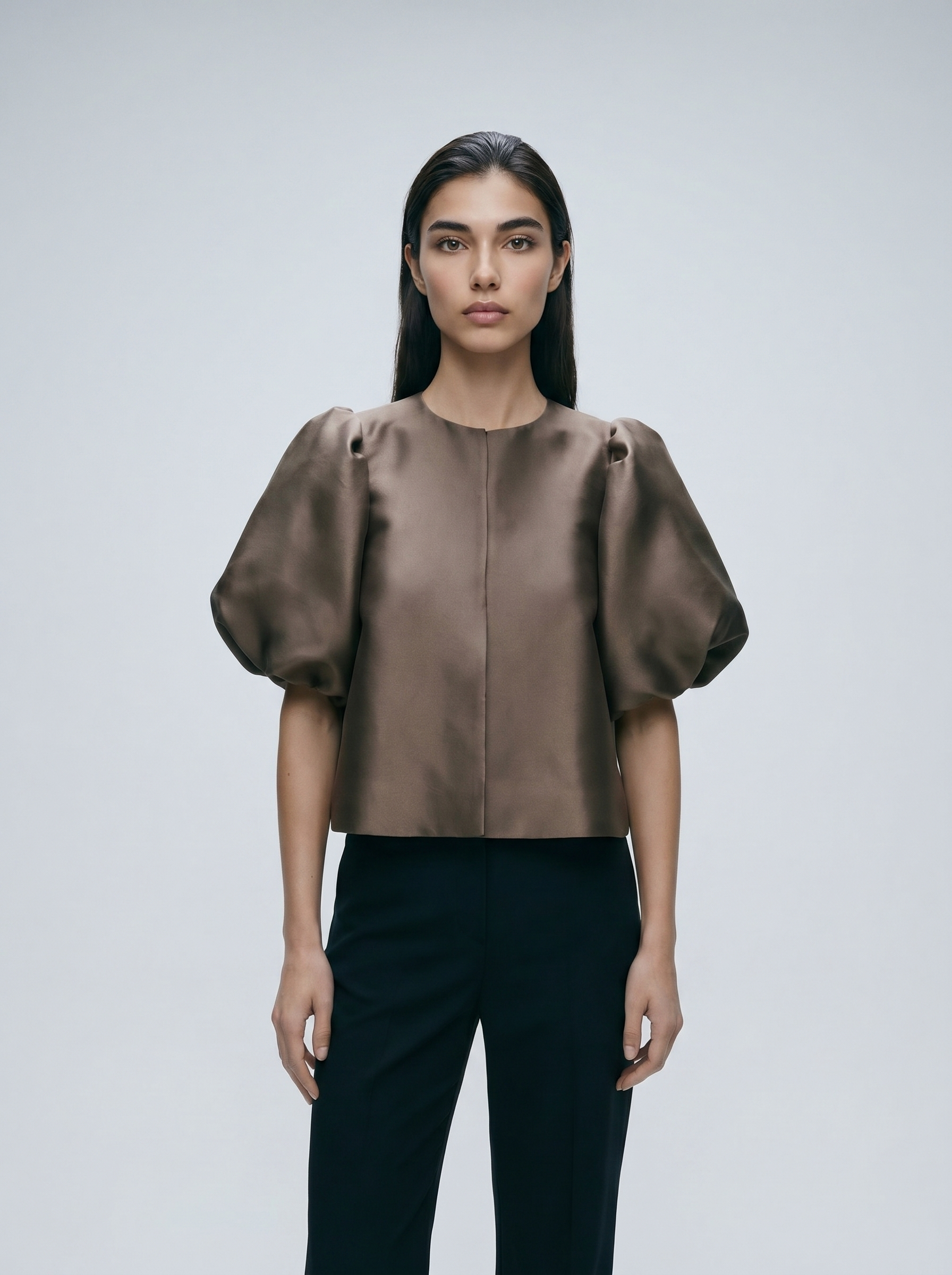 Brown puff sleeve blouse with center front button placket