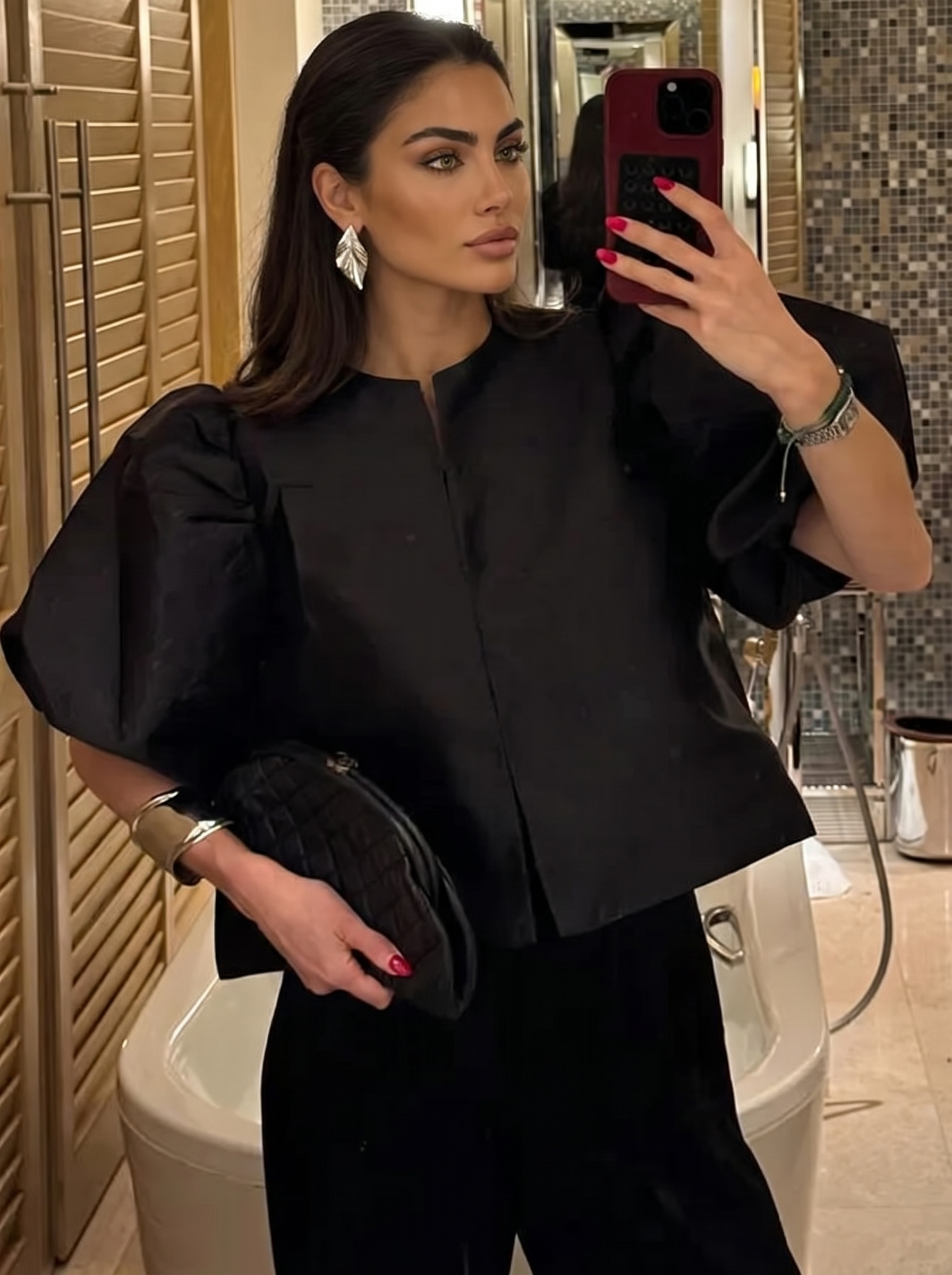 Black puff sleeve blouse with front button placket and short stand collar