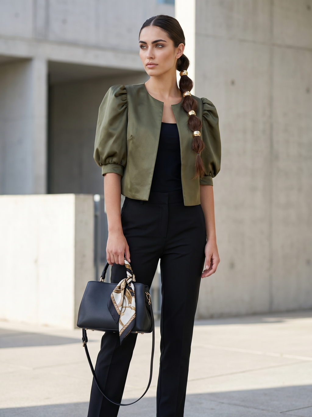 Olive green puff sleeve blouse with front button placket and rounded neckline