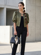 Olive green puff sleeve blouse with front button placket and rounded neckline