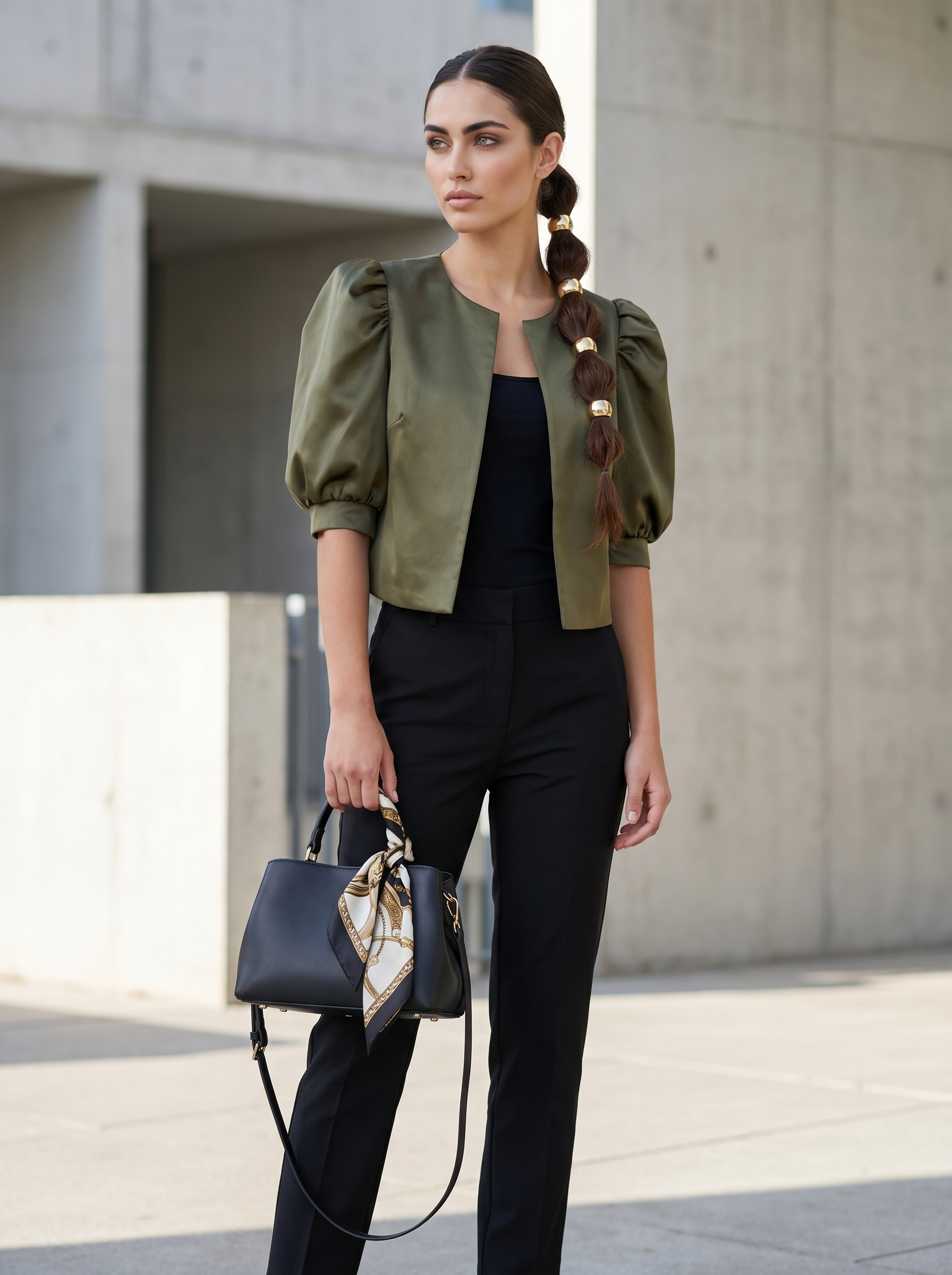 Olive green puff sleeve blouse with front button placket and rounded neckline