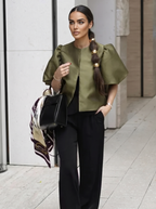 Olive green puff sleeve blouse with front button placket