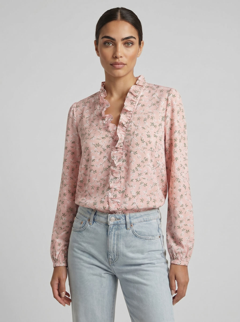 Pink floral ruffle blouse with V-neck, long sleeves, button-front and gathered yoke