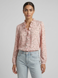 Pink floral ruffle blouse with V-neck, long sleeves, button-front and gathered yoke