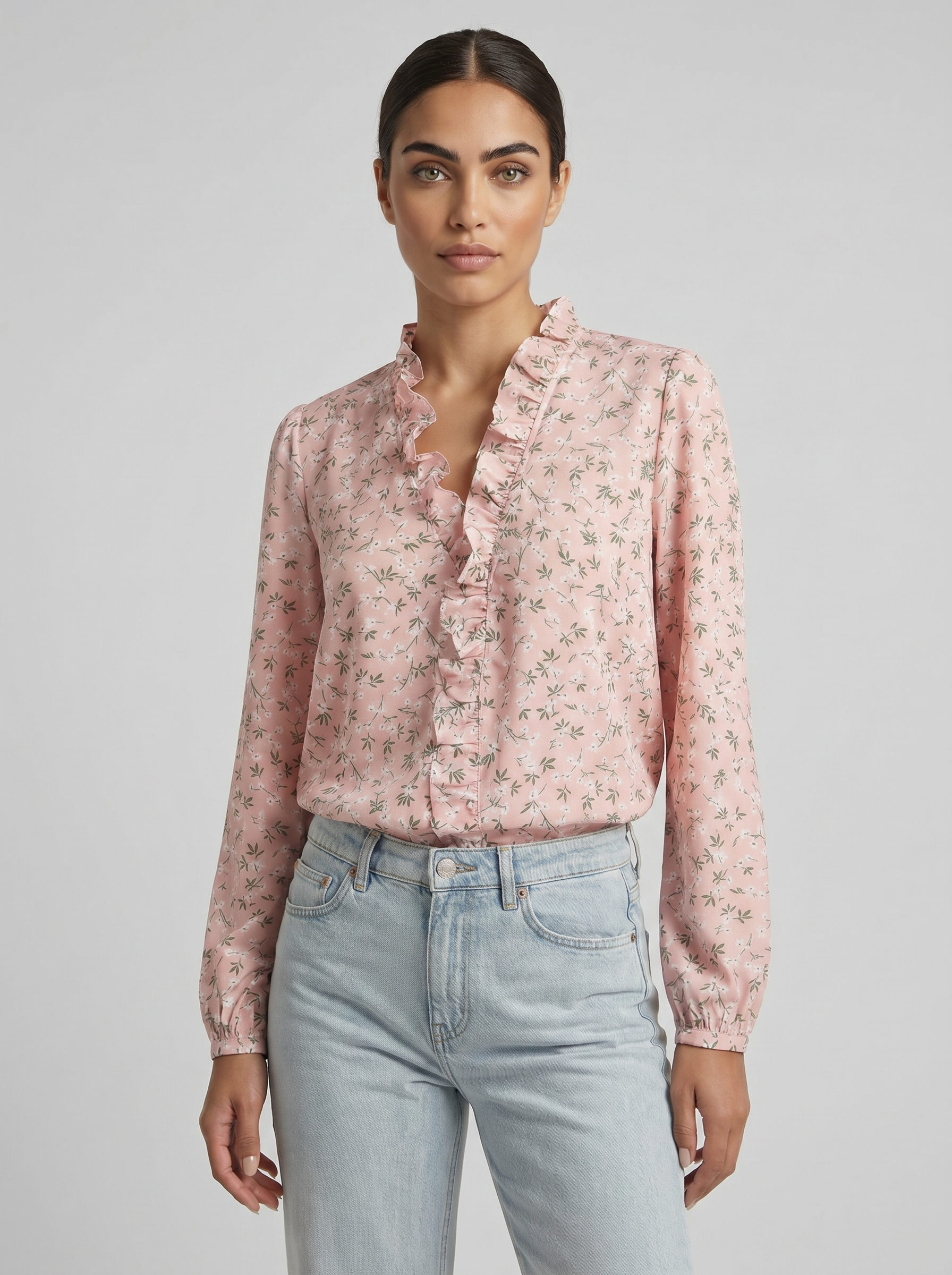 Pink floral ruffle blouse with V-neck, long sleeves, button-front and gathered yoke