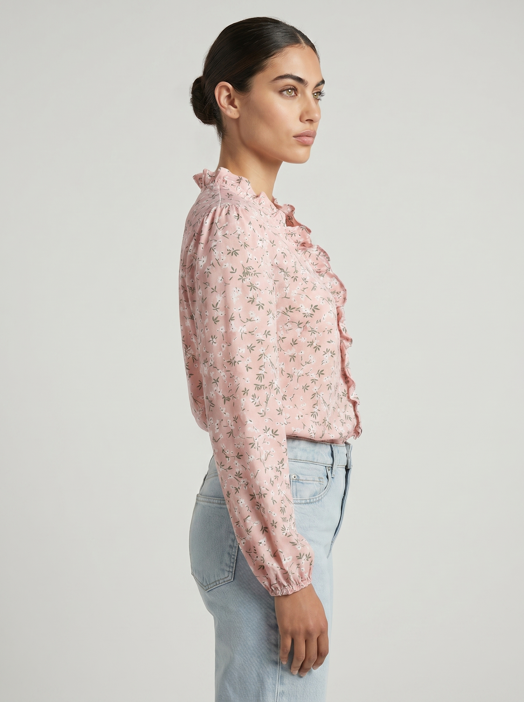 Pink floral ruffle blouse with V-neck and long sleeves, button-front