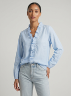 Light blue ruffle blouse with V-neck, long sleeves, button-front and gathered trim